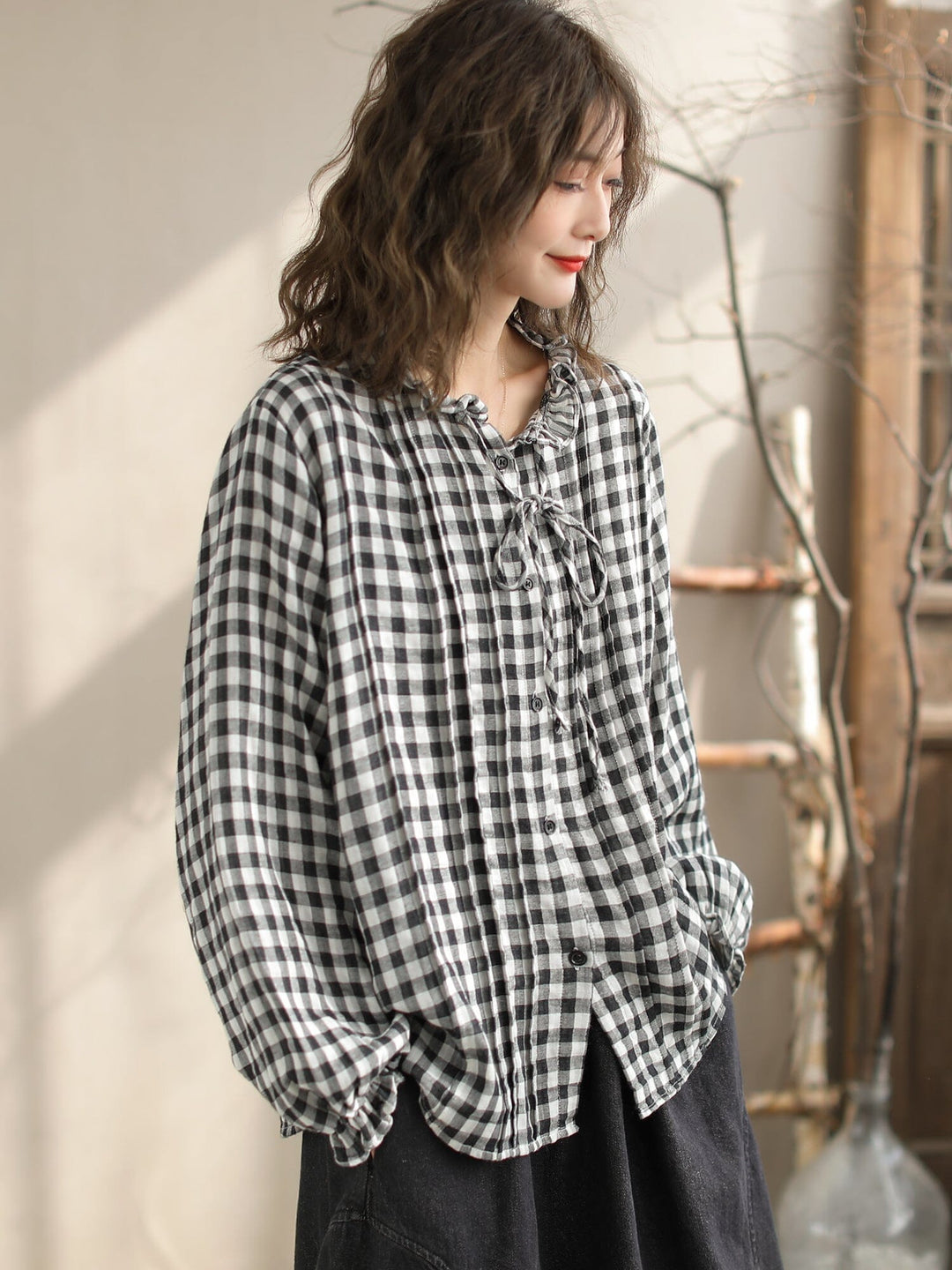 Women Casual Fashion Ruffle Loose Plaid Blouse