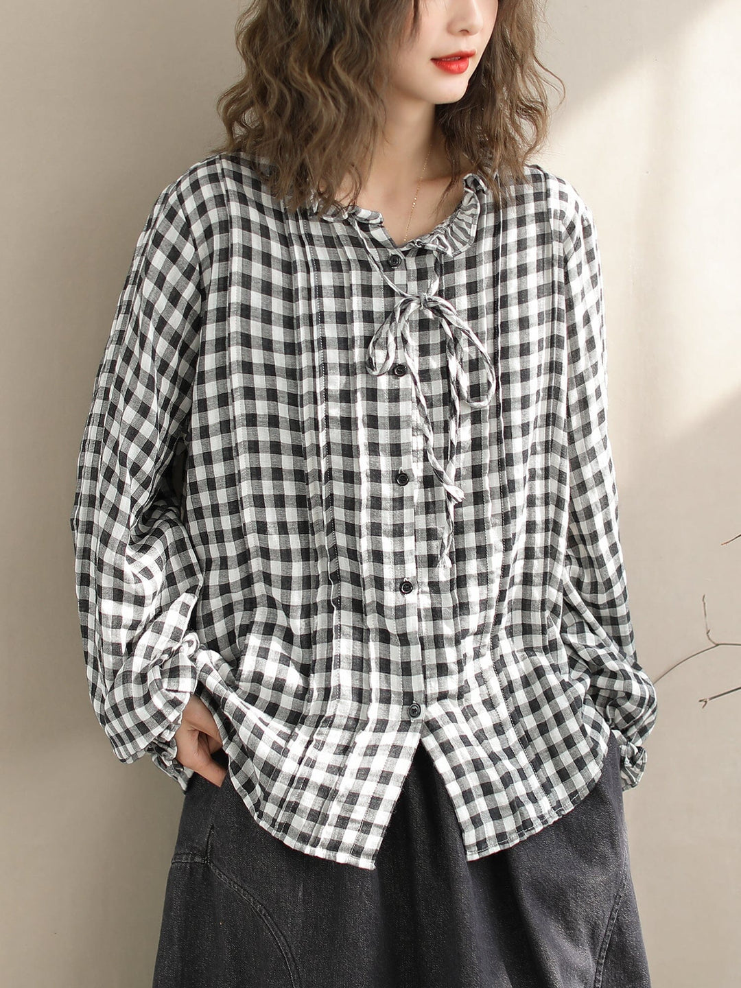 Women Casual Fashion Ruffle Loose Plaid Blouse