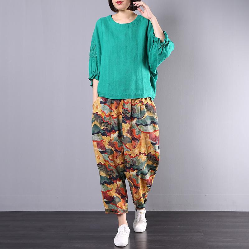 women casual linen two pieces green o neck pullover with prints pants - Omychic
