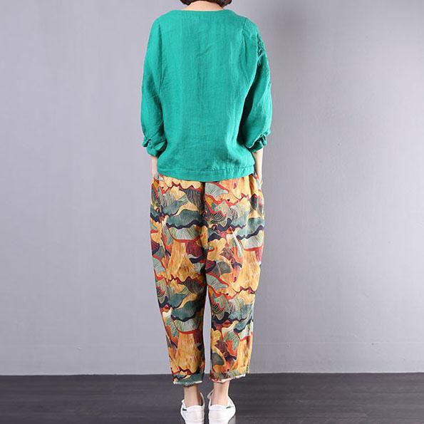 women casual linen two pieces green o neck pullover with prints pants - Omychic