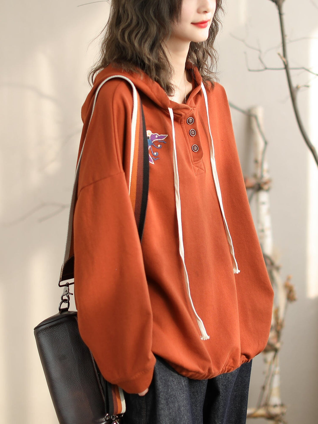 Women Casual Minimalist Embroidery Loose Hoodie