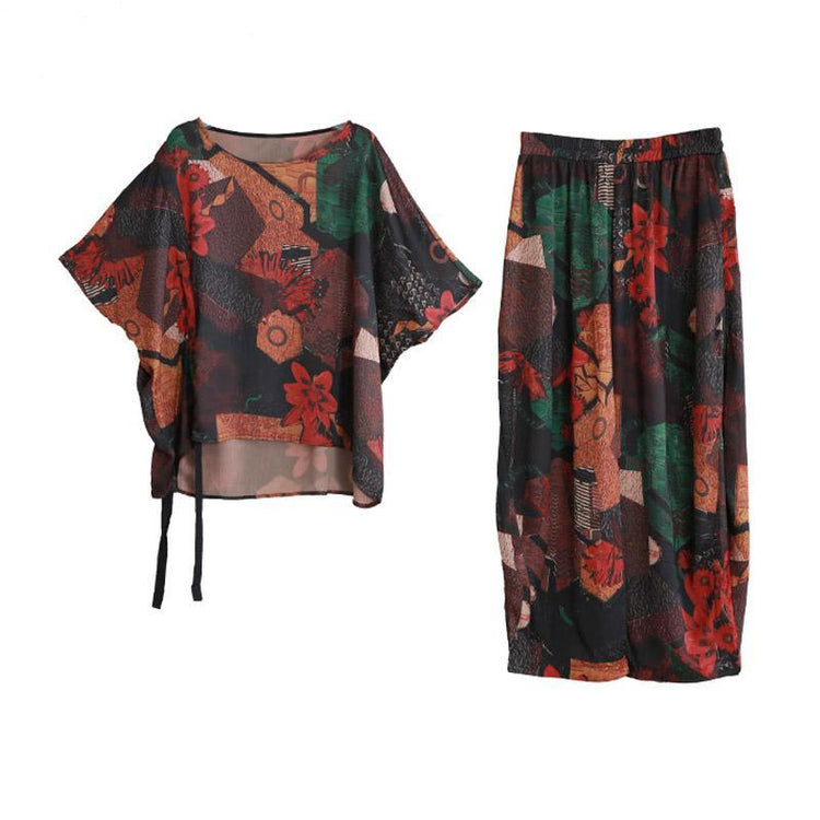 women casual silk blended two pieces Batwing Sleeve loose tops and wide leg pants - Omychic
