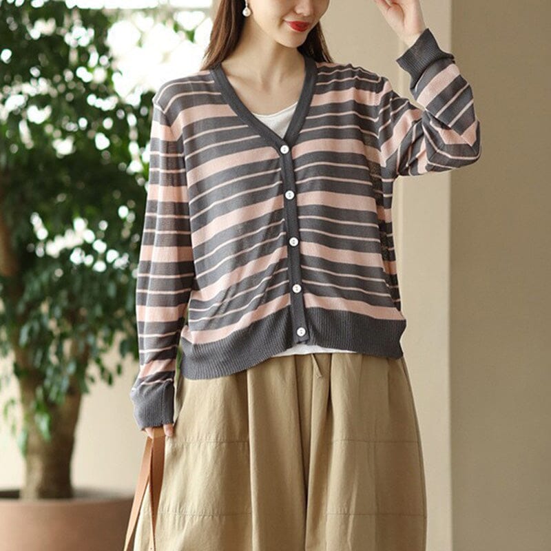 Women Casual Thin Linen Knitted Stripe V-Neck Cardigan