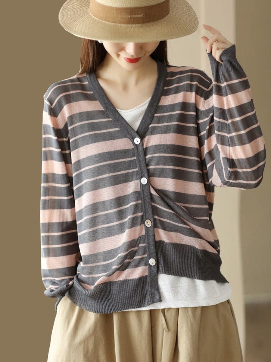 Women Casual Thin Linen Knitted Stripe V-Neck Cardigan