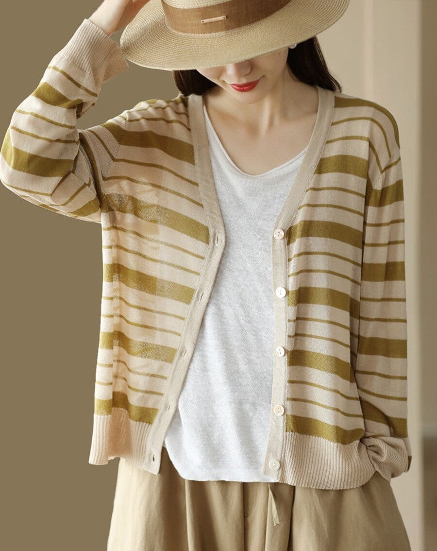 Women Casual Thin Linen Knitted Stripe V-Neck Cardigan