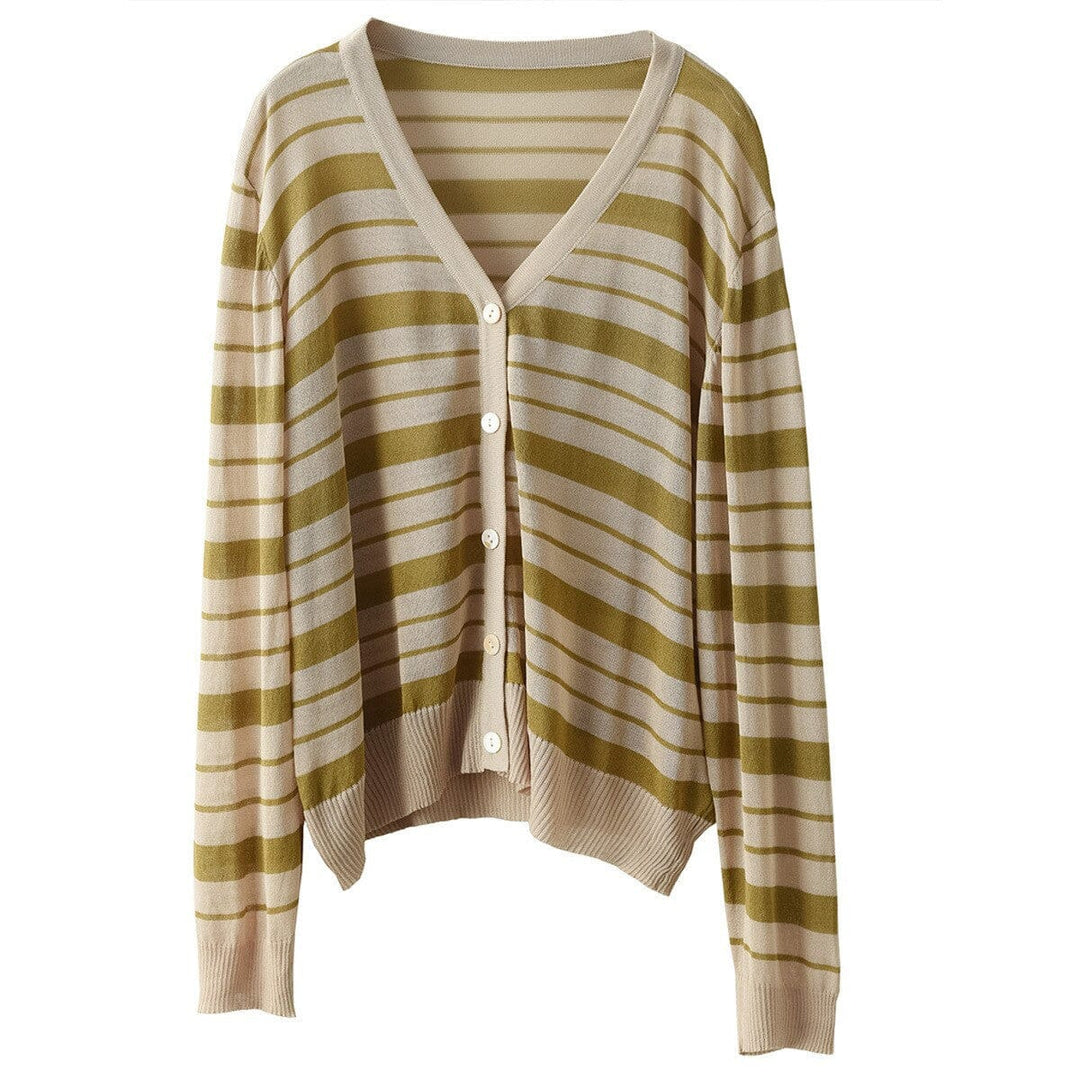 Women Casual Thin Linen Knitted Stripe V-Neck Cardigan