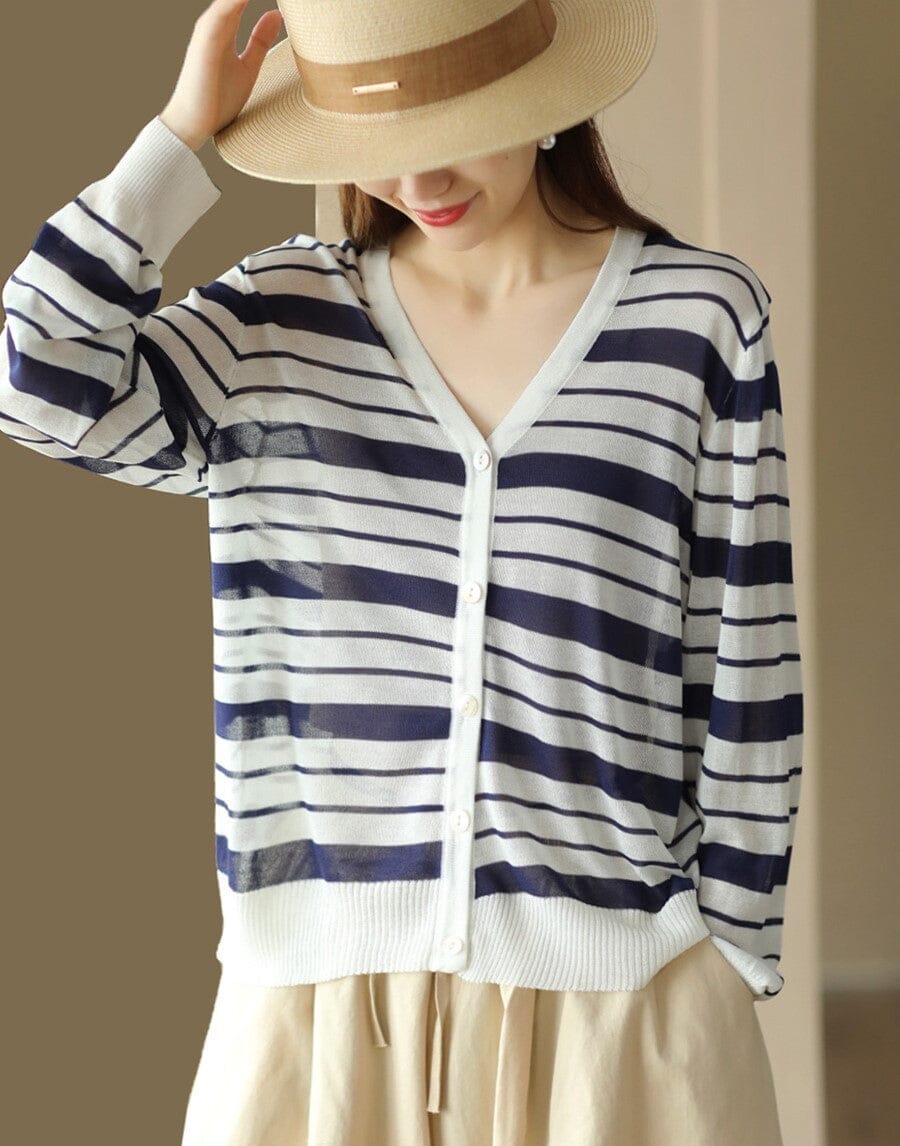 Women Casual Thin Linen Knitted Stripe V-Neck Cardigan