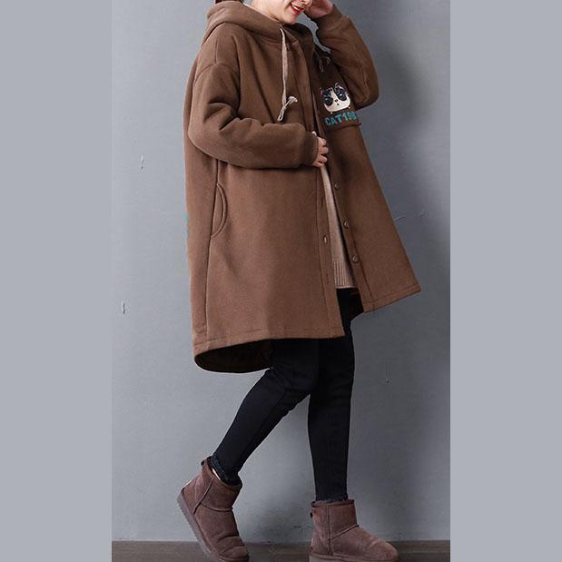 women chocolate print parkas oversize hooded warm winter coat Elegant pockets drawstring winter outwear - Omychic