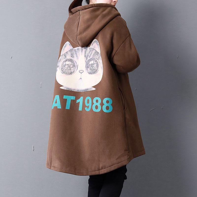 women chocolate print parkas oversize hooded warm winter coat Elegant pockets drawstring winter outwear - Omychic
