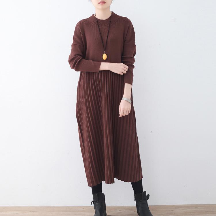 women chocolate sweater dresses trendy plus size high neck long knit sweaters Elegant wrinkled dresses - Omychic