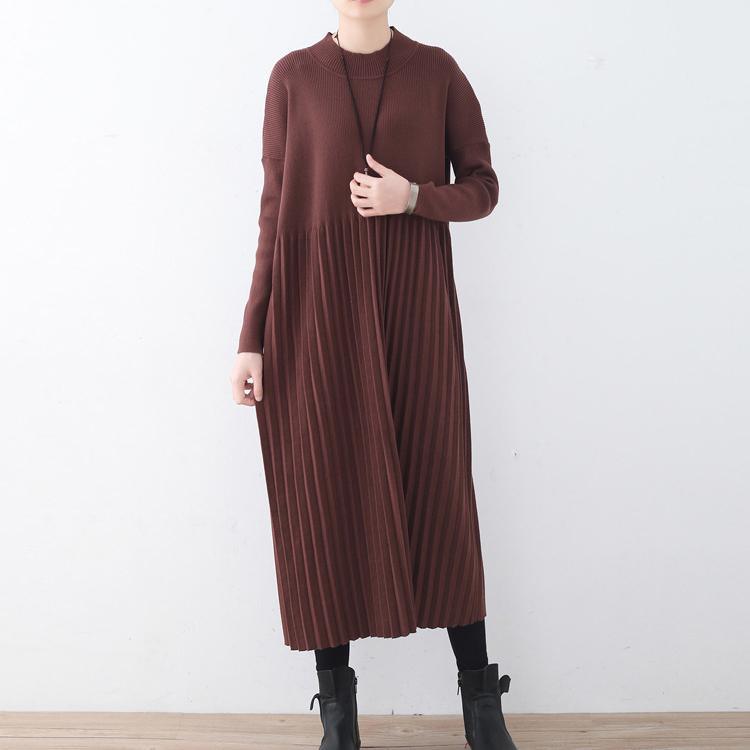 women chocolate sweater dresses trendy plus size high neck long knit sweaters Elegant wrinkled dresses - Omychic