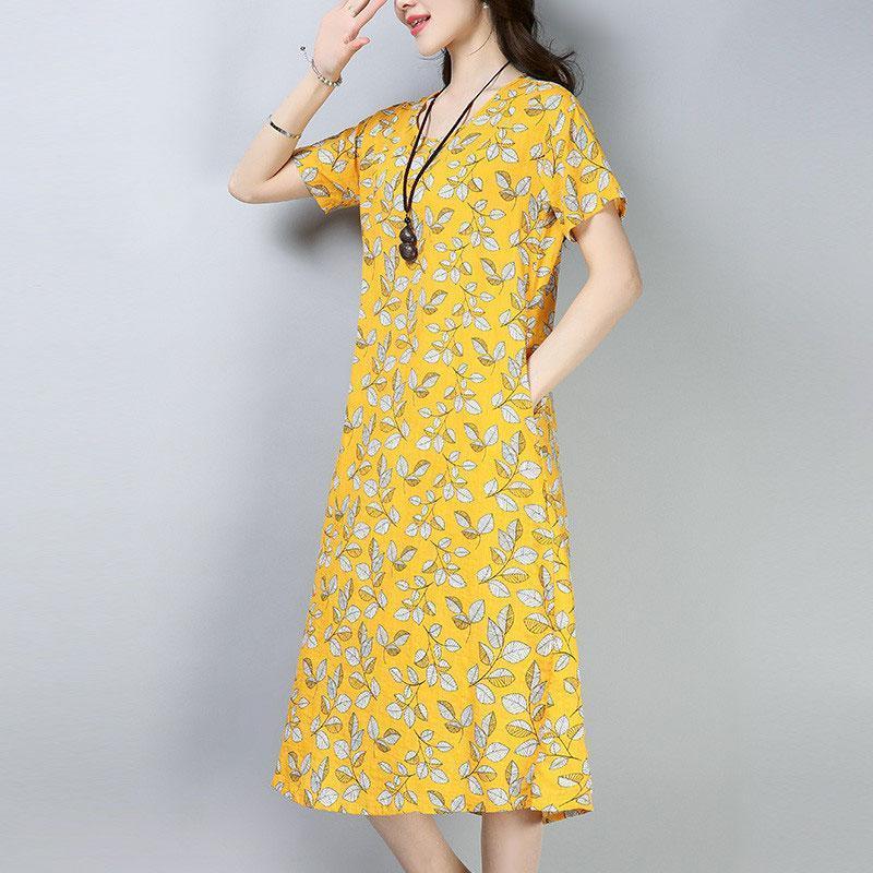 women cotton blended dresses plus size Women Casual Summer Printed Short Sleeve Yellow Dress - Omychic