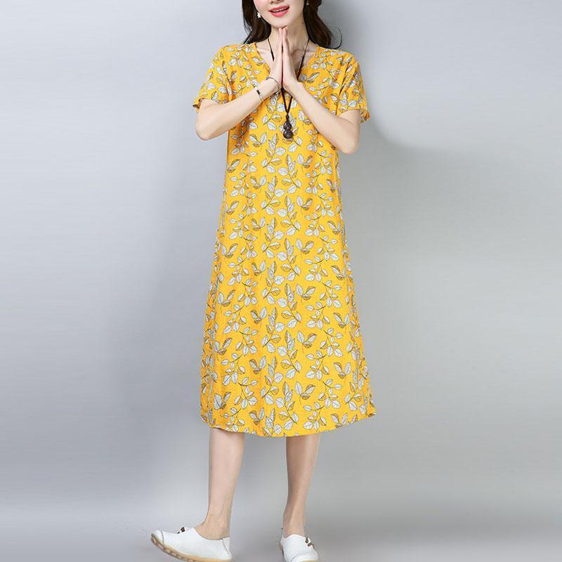 women cotton blended dresses plus size Women Casual Summer Printed Short Sleeve Yellow Dress - Omychic