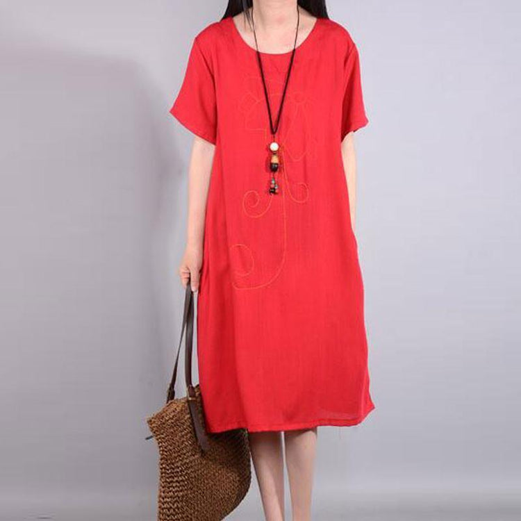 women cotton linen dress oversized Retro Summer Loose Embroidered Ethnic Red Dress - Omychic