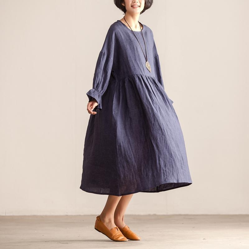 women cotton linen dress trendy plus size Round Neck Long Sleeve Women Loose Navy Blue Dress - Omychic