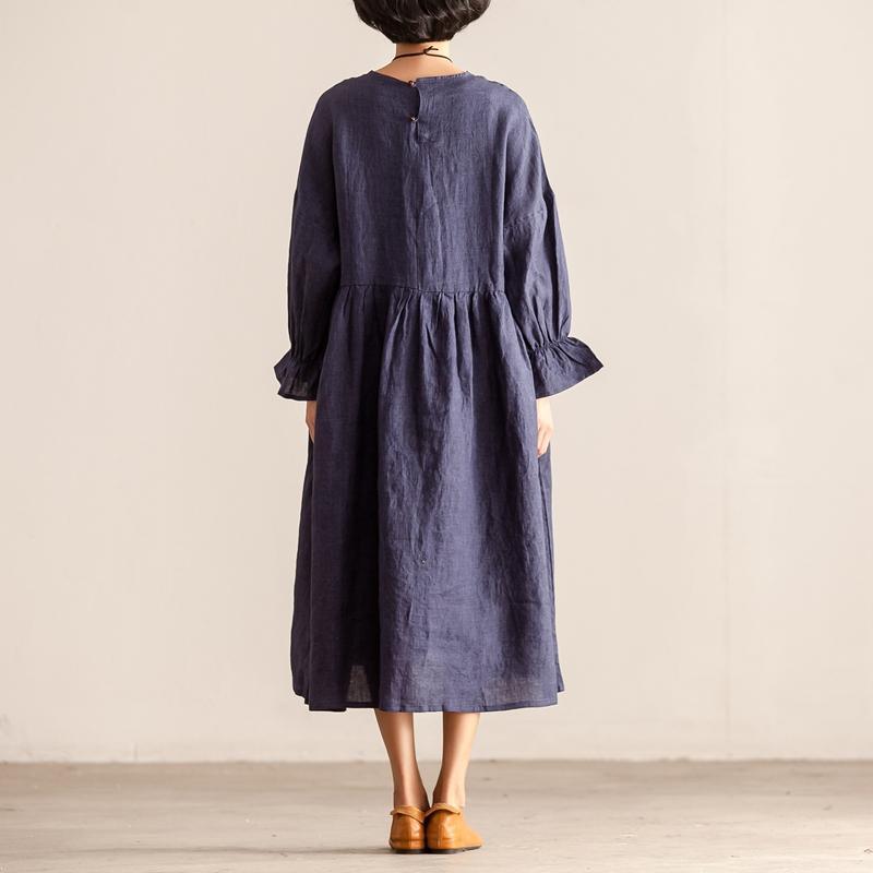 women cotton linen dress trendy plus size Round Neck Long Sleeve Women Loose Navy Blue Dress - Omychic