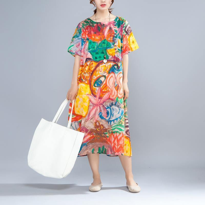 women cotton linen dresses plus size Ethnic Summer Round Neck Short Sleeve Printed Dress - Omychic