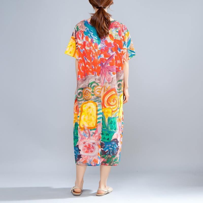 women cotton linen dresses plus size Ethnic Summer Round Neck Short Sleeve Printed Dress - Omychic