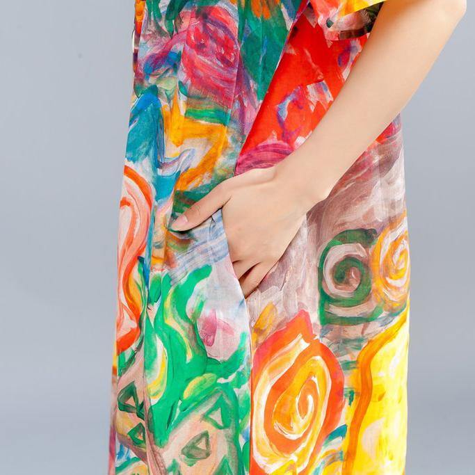 women cotton linen dresses plus size Ethnic Summer Round Neck Short Sleeve Printed Dress - Omychic