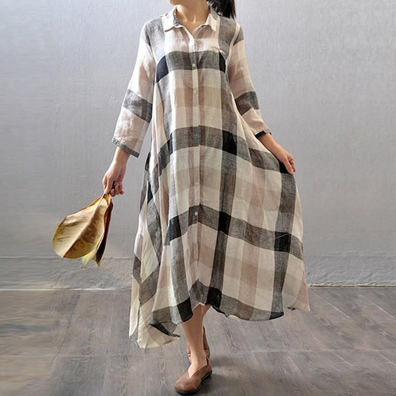 Women cotton linen shirt dress summer 3/4 sleeve - Omychic