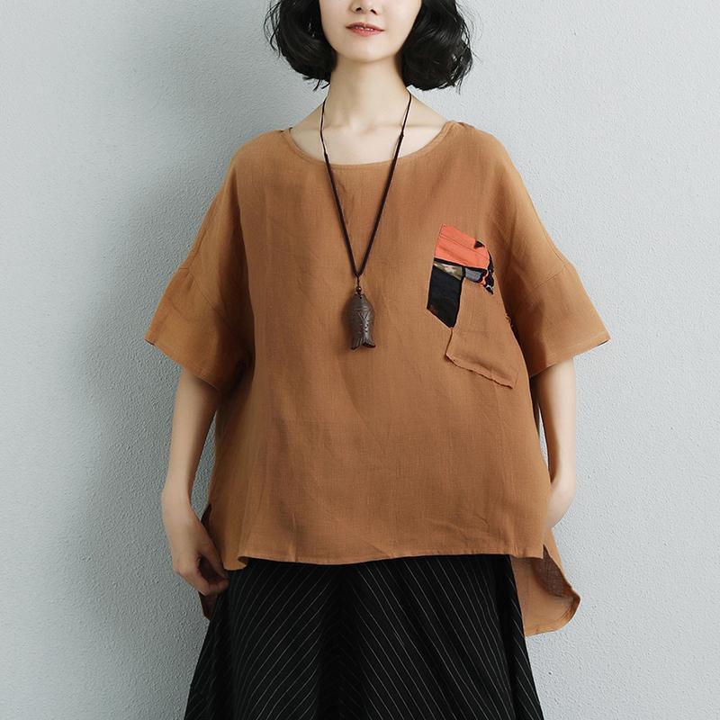 women cotton linen tops plus size Women Short Sleeve Khaki Casual Summer Blouse - Omychic