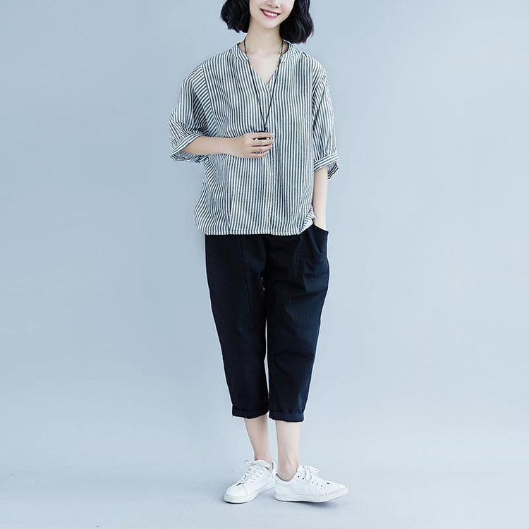 women cotton tops trendy plus size Summer Short Sleeve Stripe High-low Hem Gray Tops - Omychic