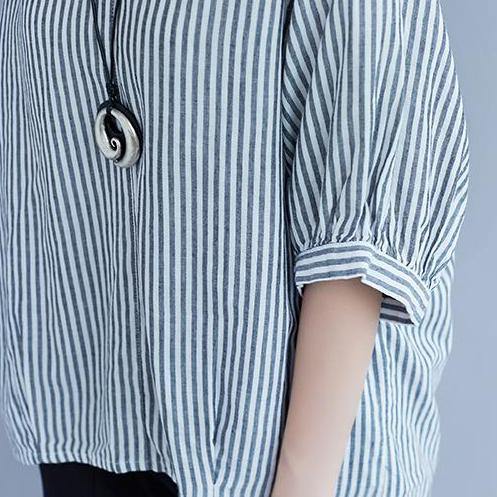 women cotton tops trendy plus size Summer Short Sleeve Stripe High-low Hem Gray Tops - Omychic