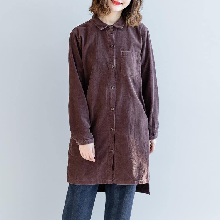 women dark khaki  natural corduroy t shirt oversize  corduroy clothing blouses top quality side open patchwork corduroy clothing shirt - Omychic