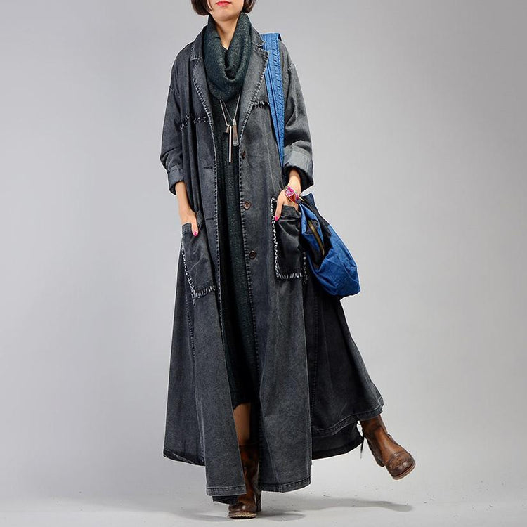 women denim black coat for casual maxi coat Notched women patchwork pockets coats - Omychic