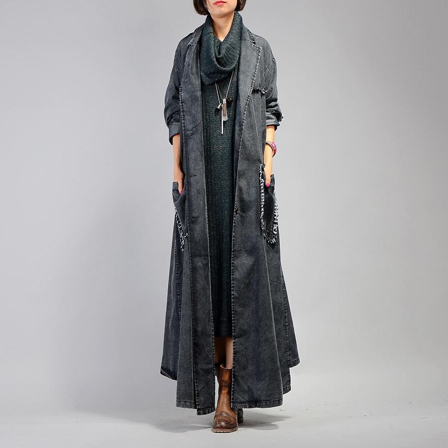 women denim black coat for casual maxi coat Notched women patchwork pockets coats - Omychic