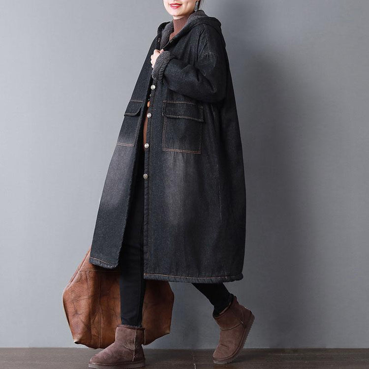 women denim black parkas oversized hooded warm winter coat Warm pockets thick outwear - Omychic