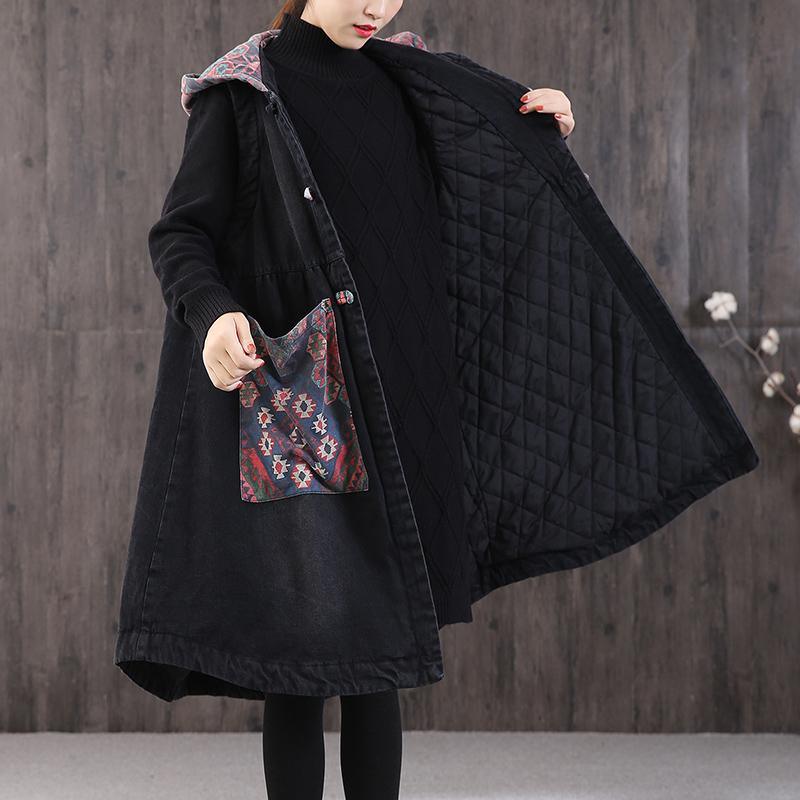 women denim black women parka plus size warm winter coat hooded pockets sleeveless coats - Omychic