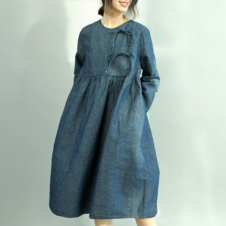 Women Denim Blue Cotton Caftans Plus Size O Neck Pockets Cotton Clothing Dress New Long Sleeve Wrinkled Maxi Dresses - Omychic