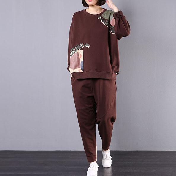 women fall brown cotton two pieces prints long sleeve pullover and harem pants - Omychic
