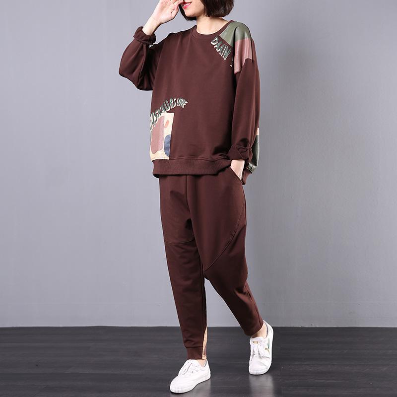 women fall brown cotton two pieces prints long sleeve pullover and harem pants - Omychic