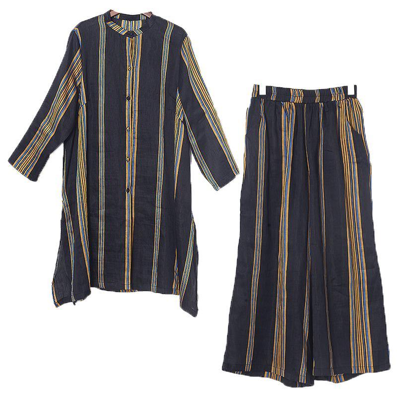 women fall yellow green striped silk linen two piece side open shirt dress and elastice waist wide leg pants - Omychic