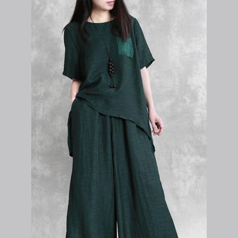 women fashion silk blackish green half sleeve asymmetric t shirt and casual wide leg pants two pieces - Omychic