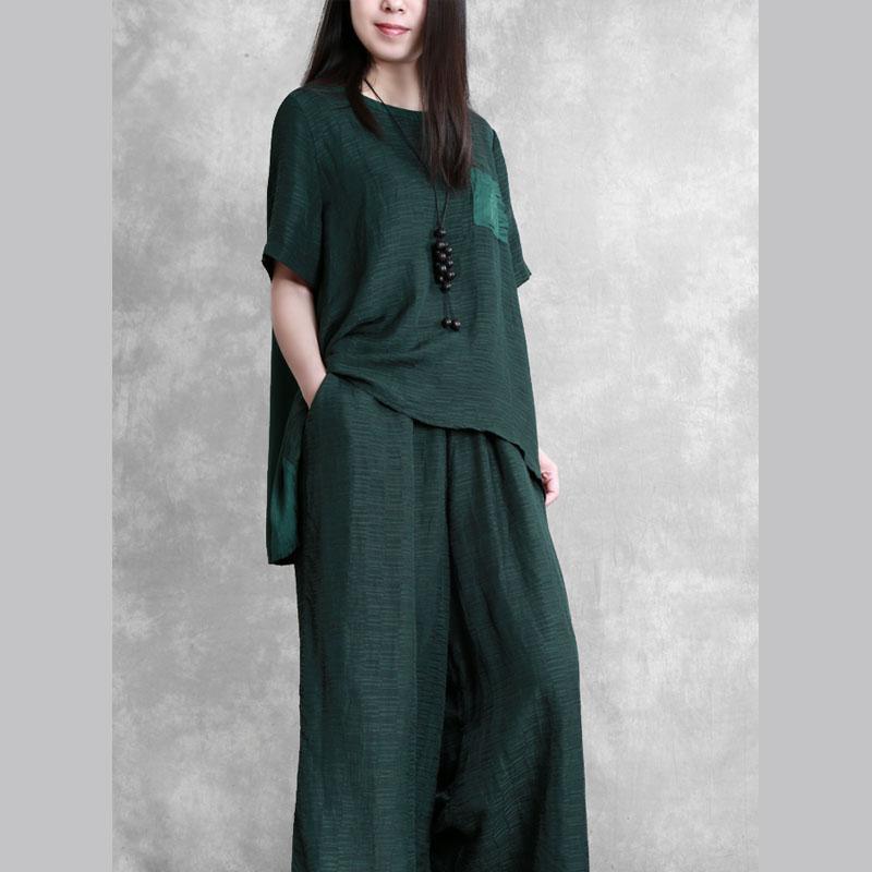 women fashion silk blackish green half sleeve asymmetric t shirt and casual wide leg pants two pieces - Omychic