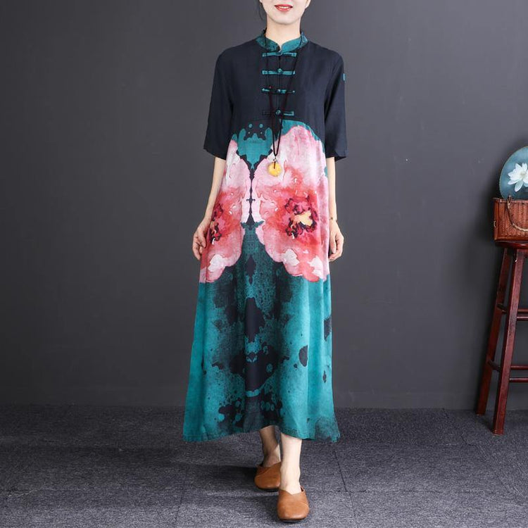 women floral cotton linen dress plus size Stand baggy dresses boutique half sleeve pockets long dresses - Omychic