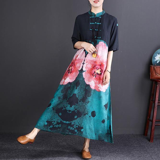 women floral cotton linen dress plus size Stand baggy dresses boutique half sleeve pockets long dresses - Omychic