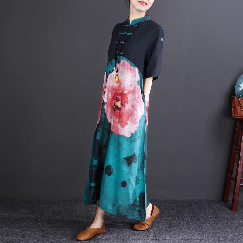 women floral cotton linen dress plus size Stand baggy dresses boutique half sleeve pockets long dresses - Omychic