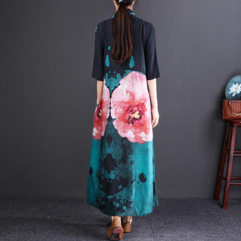 women floral cotton linen dress plus size Stand baggy dresses boutique half sleeve pockets long dresses - Omychic
