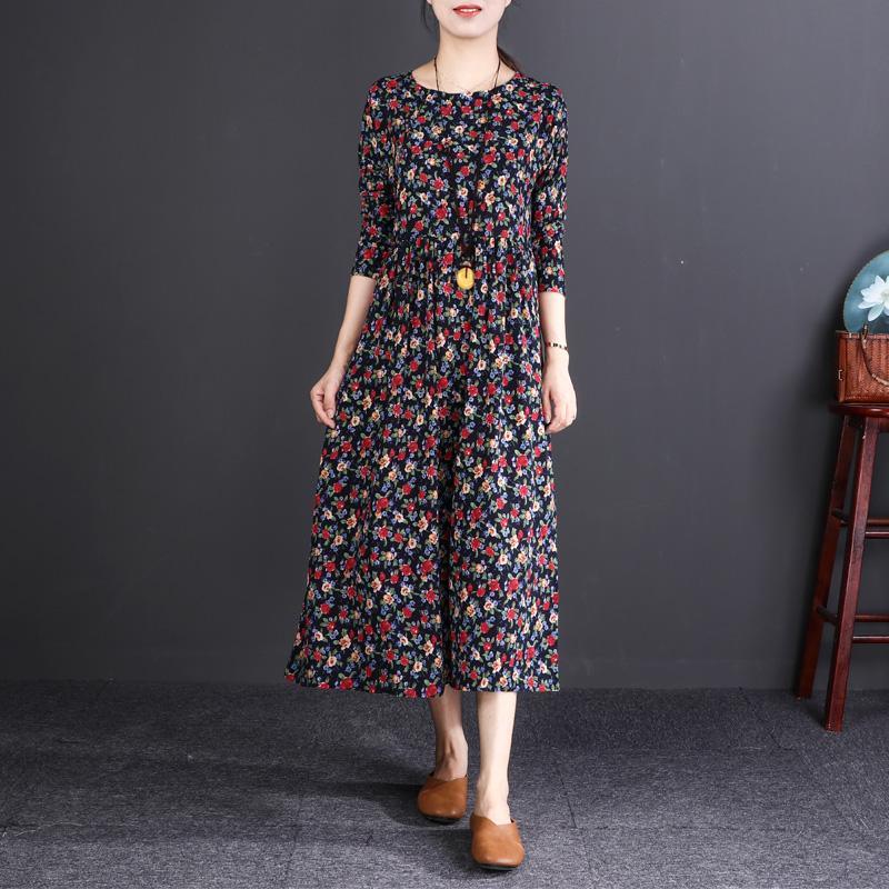 women floral cotton linen dress plus size clothing O neck wrinkled linen maxi dress vintage long sleeve baggy dresses - Omychic
