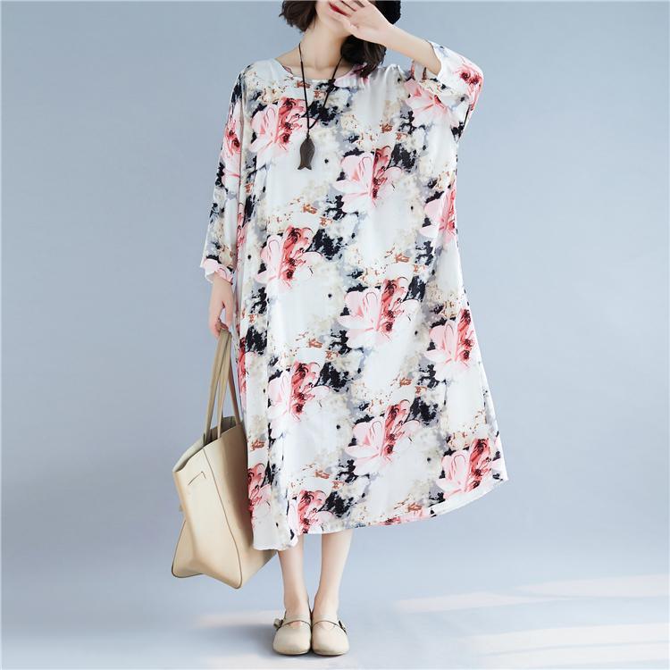 women floral cotton linen maxi dress casual o neck baggy dresses gown Elegant long sleeve dress - Omychic