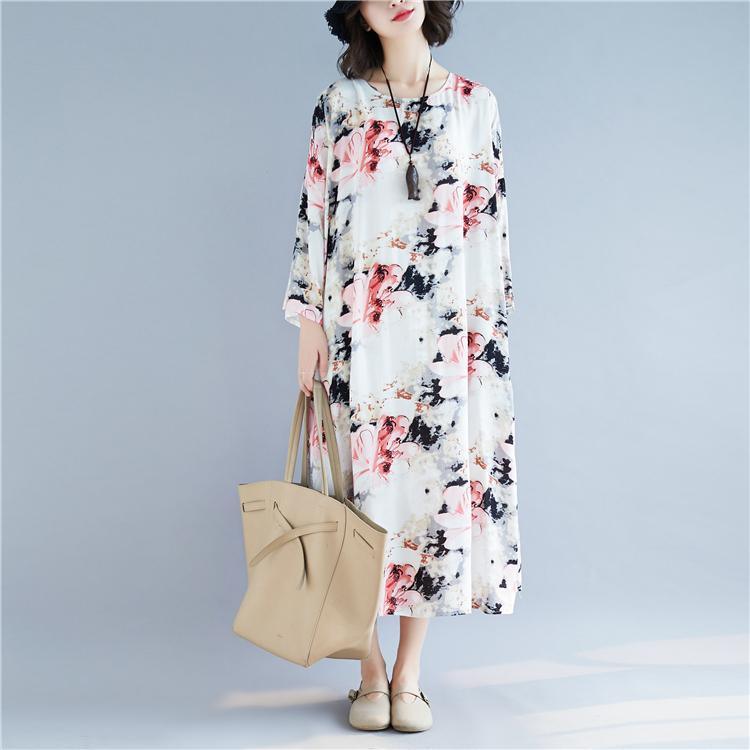 women floral cotton linen maxi dress casual o neck baggy dresses gown Elegant long sleeve dress - Omychic
