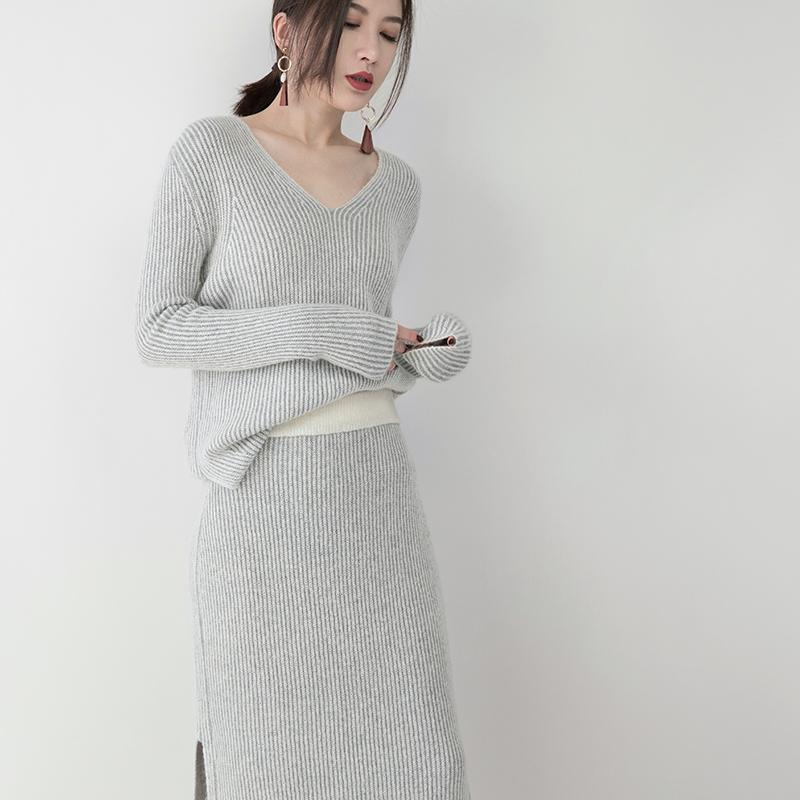 women gray knit sweaters plus size clothing v neck knitted blouses vintage side open skirt two pieces - Omychic