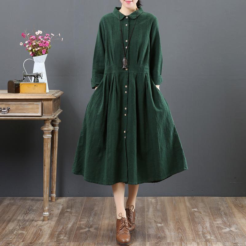 Women green long linen dresses oversize lapel collar caftans casual tunic linen caftans ( Limited Stock) - Omychic