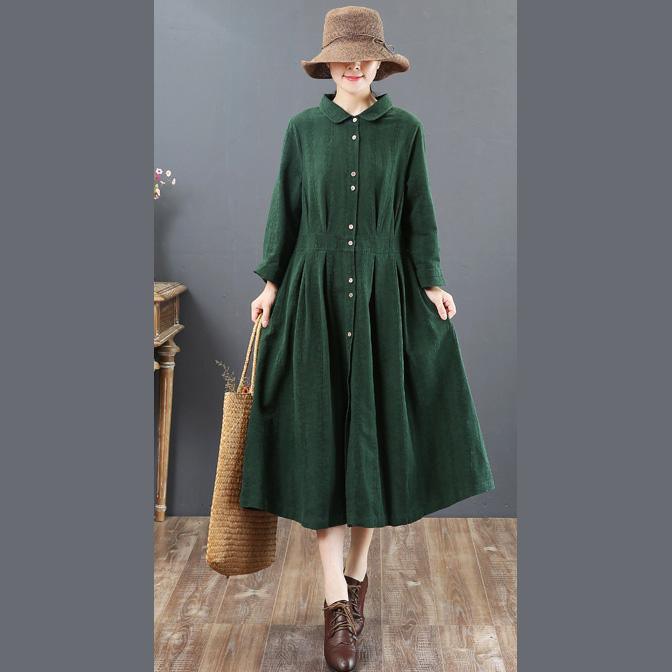 Women green long linen dresses oversize lapel collar caftans casual tunic linen caftans ( Limited Stock) - Omychic