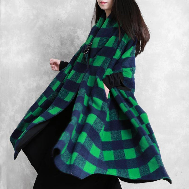 women green plaid wool overcoat casual Coats Batwing Sleeve patchwork - Omychic