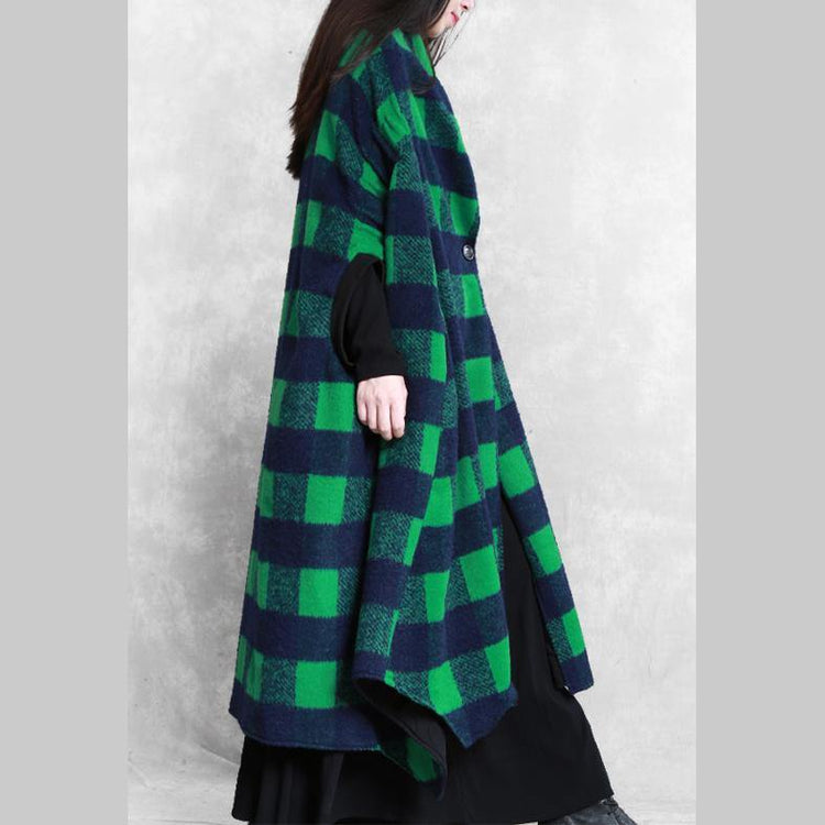 women green plaid wool overcoat casual Coats Batwing Sleeve patchwork - Omychic